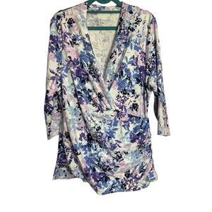 Soft Surroundings Top Womens Medium‎ Purple Cotton Blend Floral Ruched Surplice